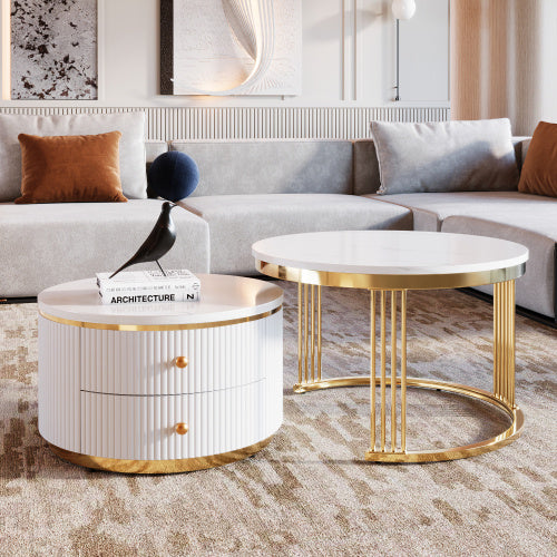 Modern 2-piece nesting coffee table with white MDF tops and electroplated gold legs.