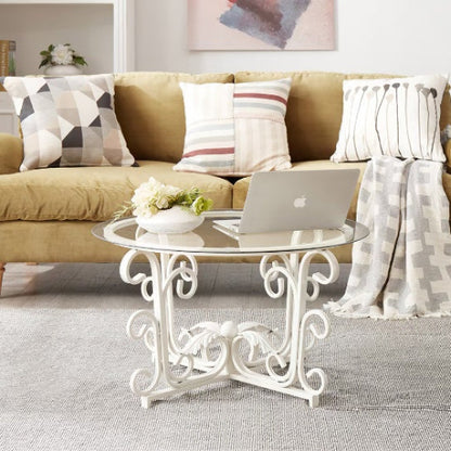 Round Tempered Glass Coffee Table with Metal Leaf-Shaped Base