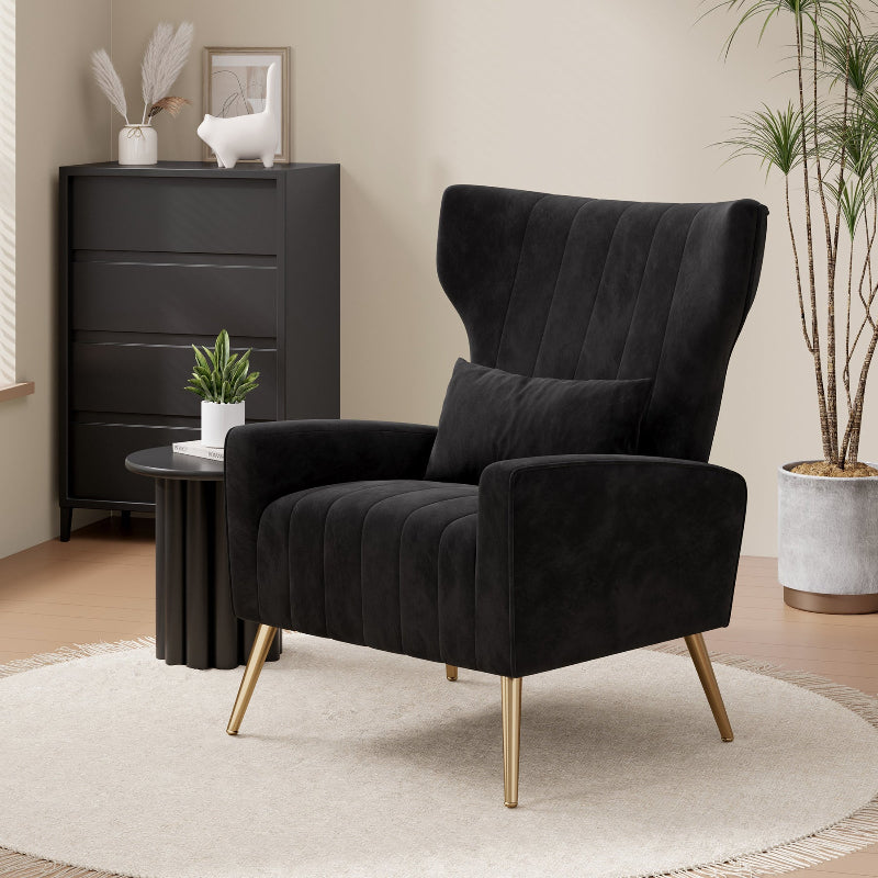 Black Velvet Upholstered Accent Chair with Sturdy Metal Legs