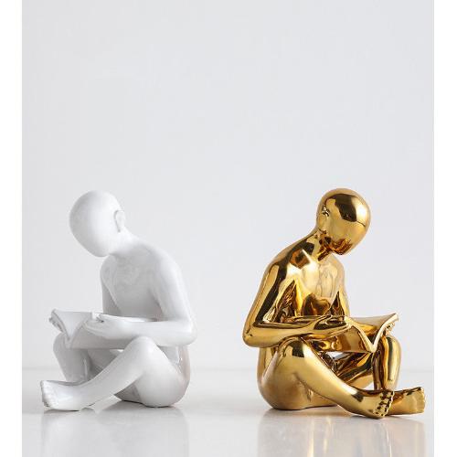 Ceramic Bookend | Stylized Figure of Man Reading White Black and Gold Design - White Gold - Home