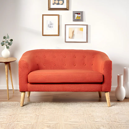 Double Sofa in Vintage Orange Textile, Button Tufting Backrest, Light Birch Feet, Comfortable Design for Small Living Spaces, Handmade Details