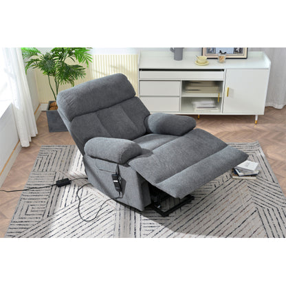 Dark gray oversized power lift recliner chair with electric reclining function, side pocket, and plush cushioning. Ideal for seniors and home theater seating.