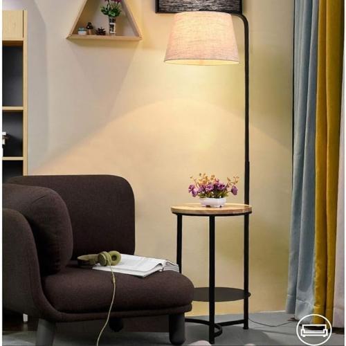 Floor lamp with fabric shade and built-in side table shelves