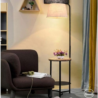 Floor lamp with fabric shade and built-in side table shelves