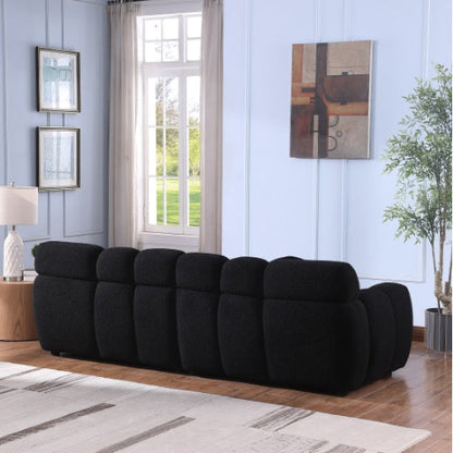 Black 3-seater boucle sofa, marshmallow cushions, premium foam seating, clean lines, luxury upholstery, comfortable seating, durable fabric sofa, modern living room sofa.