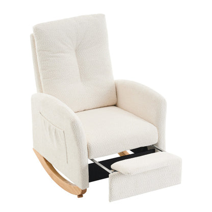 Upholstered rocking chair with footrest, high backrest, and solid wood base, ideal for living room and bedroom