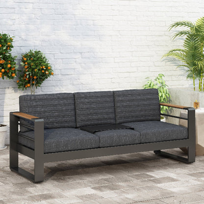 Elegant outdoor sofa with aluminum frame, water-resistant cushions, wood composite accents, slat design, comfortable seating for terrace, patio, or backyard, outdoor relaxation spot.

