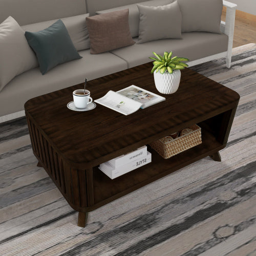 Espresso wood coffee table with storage shelf and curved edges, made of solid pine and MDF, easy assembly