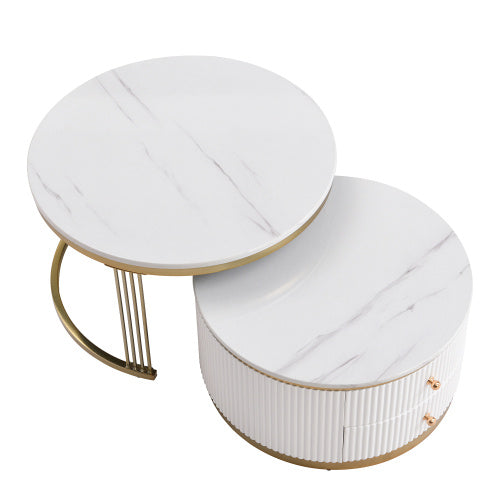 Modern 2-Piece White Round Nesting Coffee Table with Drawers