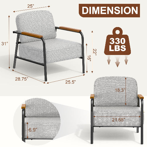 Armchair with Iron Armrests, Lumbar Support, Modern Design