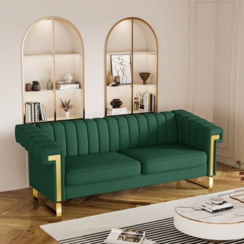 Modern Green PU Leather Sofa with Gold Accents - Front View | Gloow369 Design, Elegant