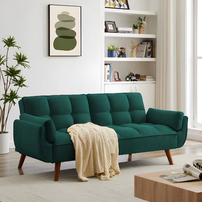 Elegant green velvet sofa with reclining backrest that easily converts into a bed. Ideal for living rooms or guest rooms, combining luxury and functionality.