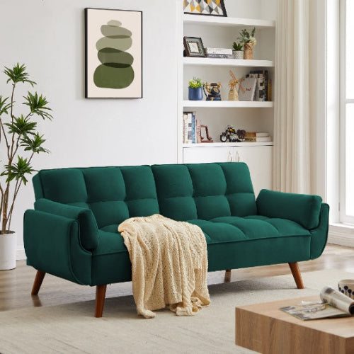 Elegant green velvet sofa with reclining backrest that easily converts into a bed. Ideal for living rooms or guest rooms, combining luxury and functionality.