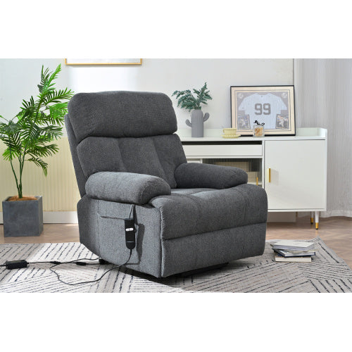 Dark gray oversized power lift recliner chair with electric reclining function, side pocket, and plush cushioning. Ideal for seniors and home theater seating.