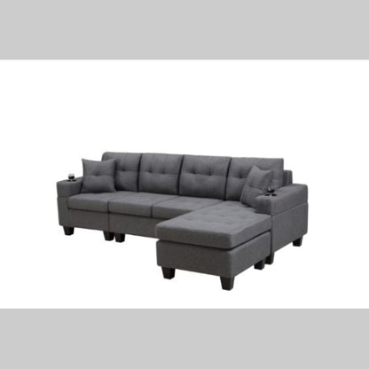 Modern sectional sofa in grey with high-density foam cushions, S-shaped spring backrests, bilateral cup holders, and plastic feet to prevent floor scratches. Stylish, practical, and comfortable design for contemporary living rooms.