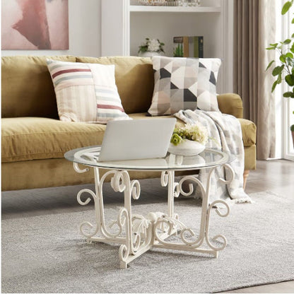 Elegant white coffee table with a unique metal frame, ideal for living rooms and offices.