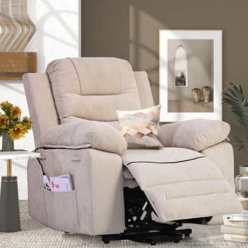 Beige power lift massage recliner chair with heating, infinite reclining positions, and side storage pocket for seniors and living room comfort.