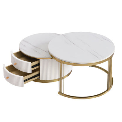 Modern 2-Piece White Round Nesting Coffee Table with Drawers