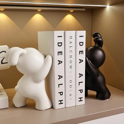 Push Rabbit Ceramic Bookend | Modern Animal Sculptures in Black White and Silver - Home