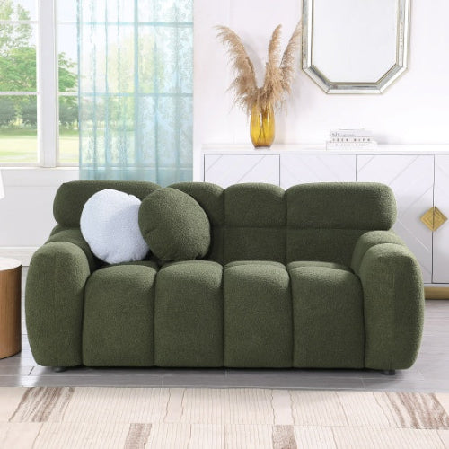 Elegant green bouclé 3-seater sofa with high-density foam cushions and two pillows for extra support. Perfect for adding style and comfort to any room.