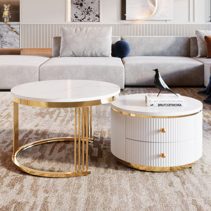 Modern 2-piece nesting coffee table with white MDF tops and electroplated gold legs.