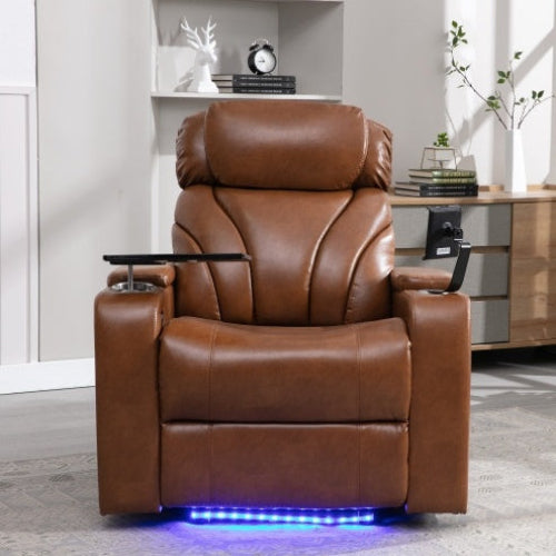 Luxury power motion recliner with USB charging, hidden storage, Bluetooth speaker, LED lighting, and cup holder in light brown PU leather