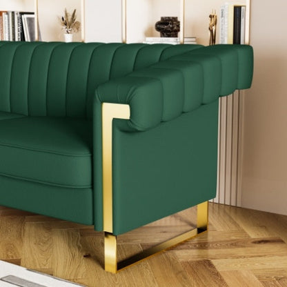 Modern Green PU Leather Sofa with Gold Accents - Front View | Gloow369 Design, Elegant