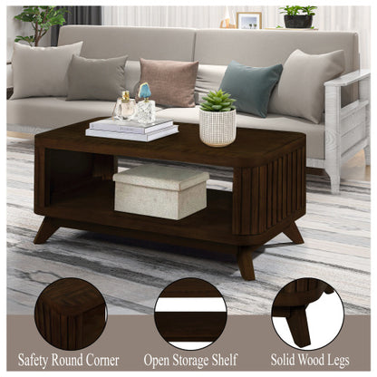 Espresso wood coffee table with storage shelf and curved edges, made of solid pine and MDF, easy assembly