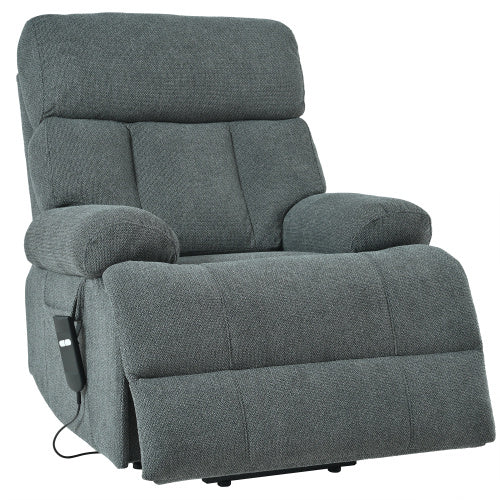 Dark gray oversized power lift recliner chair with electric reclining function, side pocket, and plush cushioning. Ideal for seniors and home theater seating.