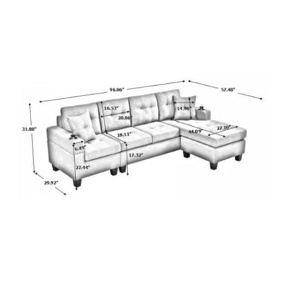 Modern sectional sofa in grey with high-density foam cushions, S-shaped spring backrests, bilateral cup holders, and plastic feet to prevent floor scratches. Stylish, practical, and comfortable design for contemporary living rooms.