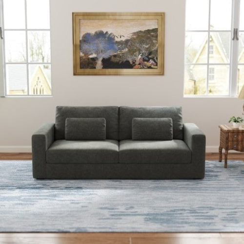 83” modern pewter sofa in a stylish living room