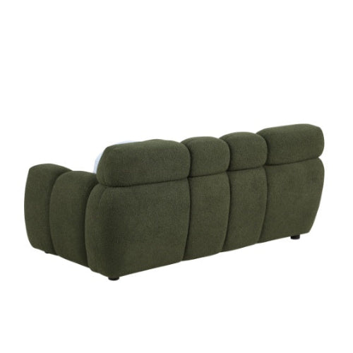 Elegant green bouclé 3-seater sofa with high-density foam cushions and two pillows for extra support. Perfect for adding style and comfort to any room.