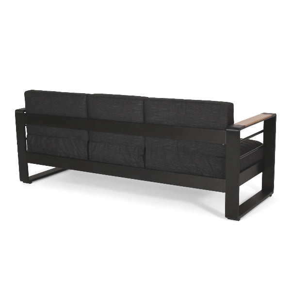 Elegant outdoor sofa with aluminum frame, water-resistant cushions, wood composite accents, slat design, comfortable seating for terrace, patio, or backyard, outdoor relaxation spot.

