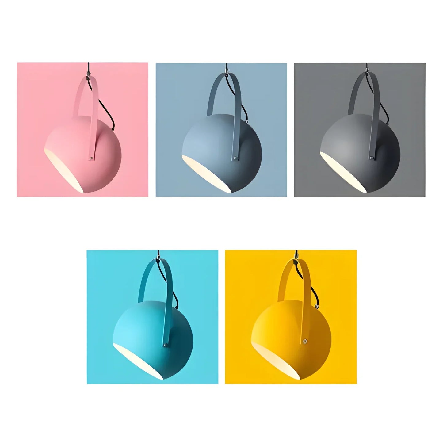 Hanging pendant lamps in pink, blue, gray, turquoise, and yellow colors