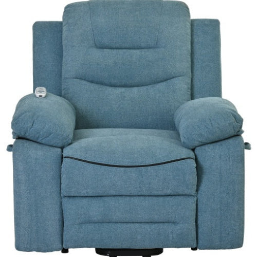 Blue power lift massage recliner chair with heating, infinite reclining positions, and side storage pocket for seniors and living room comfort.