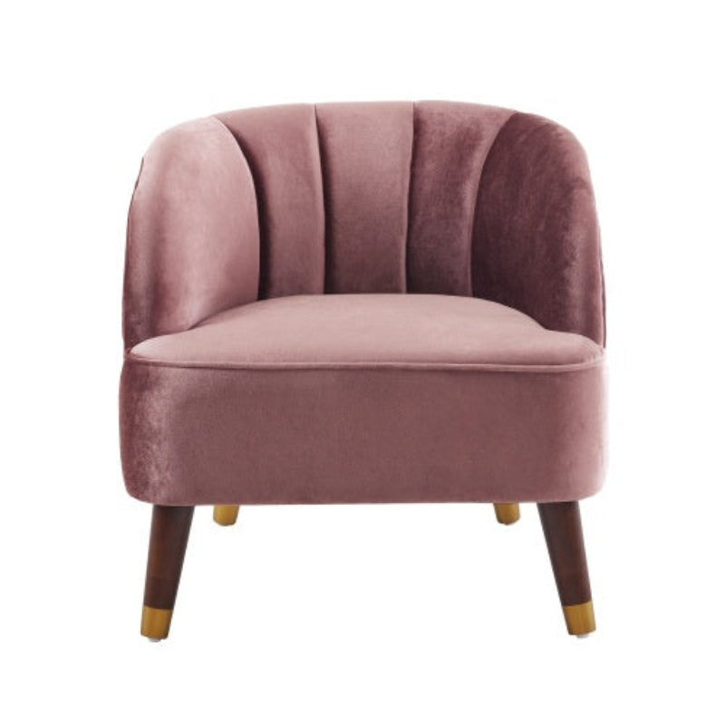 "Upholstered barrel accent chair with tufted backrest and boucle fabric