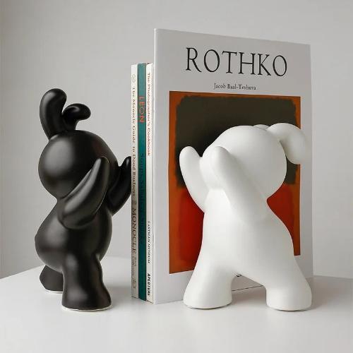 Push Rabbit Ceramic Bookend | Modern Animal Sculptures in Black White and Silver - Home