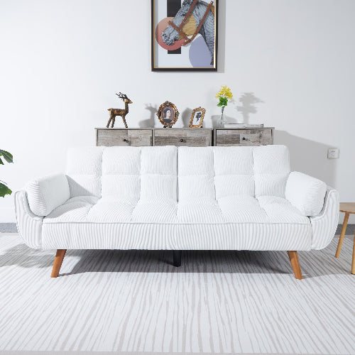 Front view of the sofa: "Elegant white corduroy velvet sofa with modern and functional design"
