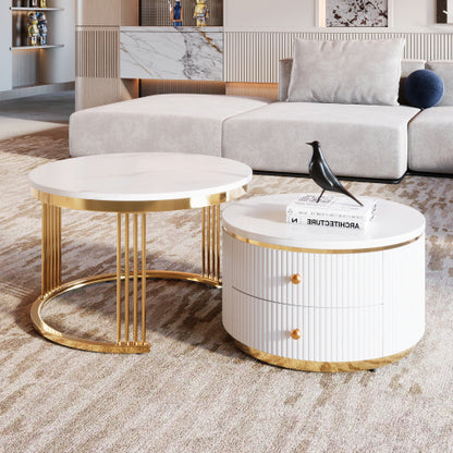 Modern 2-piece nesting coffee table with white MDF tops and electroplated gold legs.