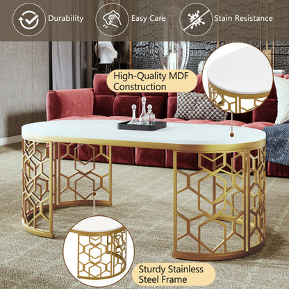 Elegant modern oval coffee table with gold stainless steel cut-out pattern frame and white MDF top.