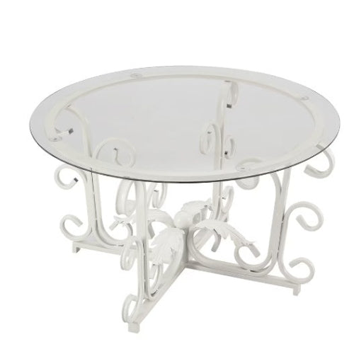 Round Tempered Glass Coffee Table with Metal Leaf-Shaped Base