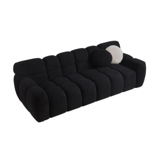 Black 3-seater boucle sofa, marshmallow cushions, premium foam seating, clean lines, luxury upholstery, comfortable seating, durable fabric sofa, modern living room sofa.