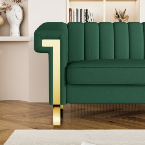 Modern Green PU Leather Sofa with Gold Accents - Front View | Gloow369 Design, Elegant