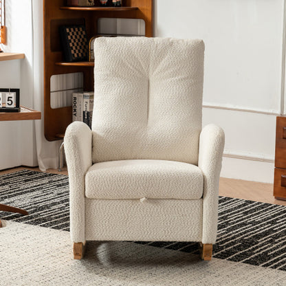 Upholstered rocking chair with footrest, high backrest, and solid wood base, ideal for living room and bedroom