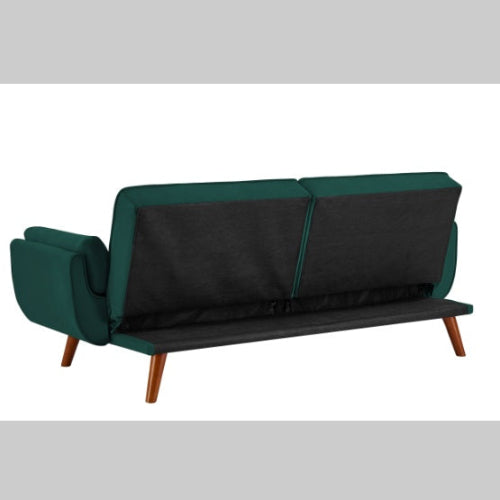 Elegant green velvet sofa with reclining backrest that easily converts into a bed. Ideal for living rooms or guest rooms, combining luxury and functionality.