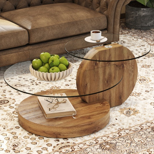 Modern double-layer round table with glass top and MDF wood legs, ideal for living room or bedroom.