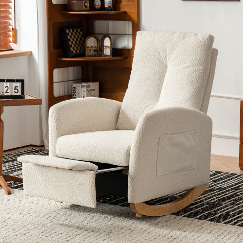 Upholstered rocking chair with footrest, high backrest, and solid wood base, ideal for living room and bedroom