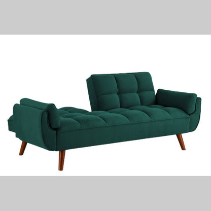 Elegant green velvet sofa with reclining backrest that easily converts into a bed. Ideal for living rooms or guest rooms, combining luxury and functionality.