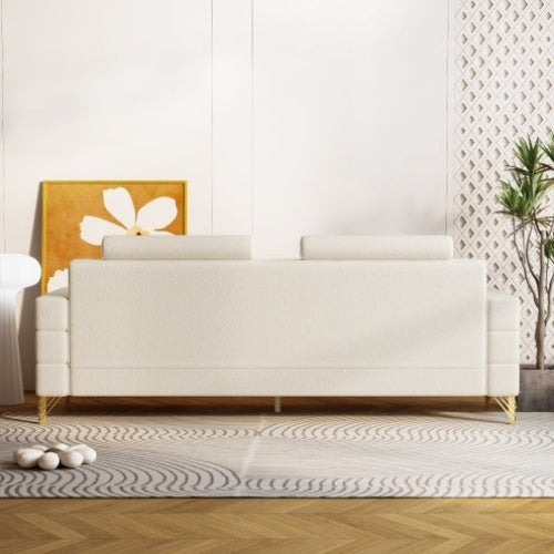 Side view of the sofa: "3-seat FX-P15-WB sofa with luxurious imitation wool fabric and gold legs"