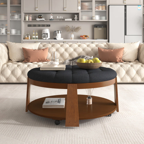 Large round ottoman coffee table with 2-tier storage, button tufted design, and wooden shelf